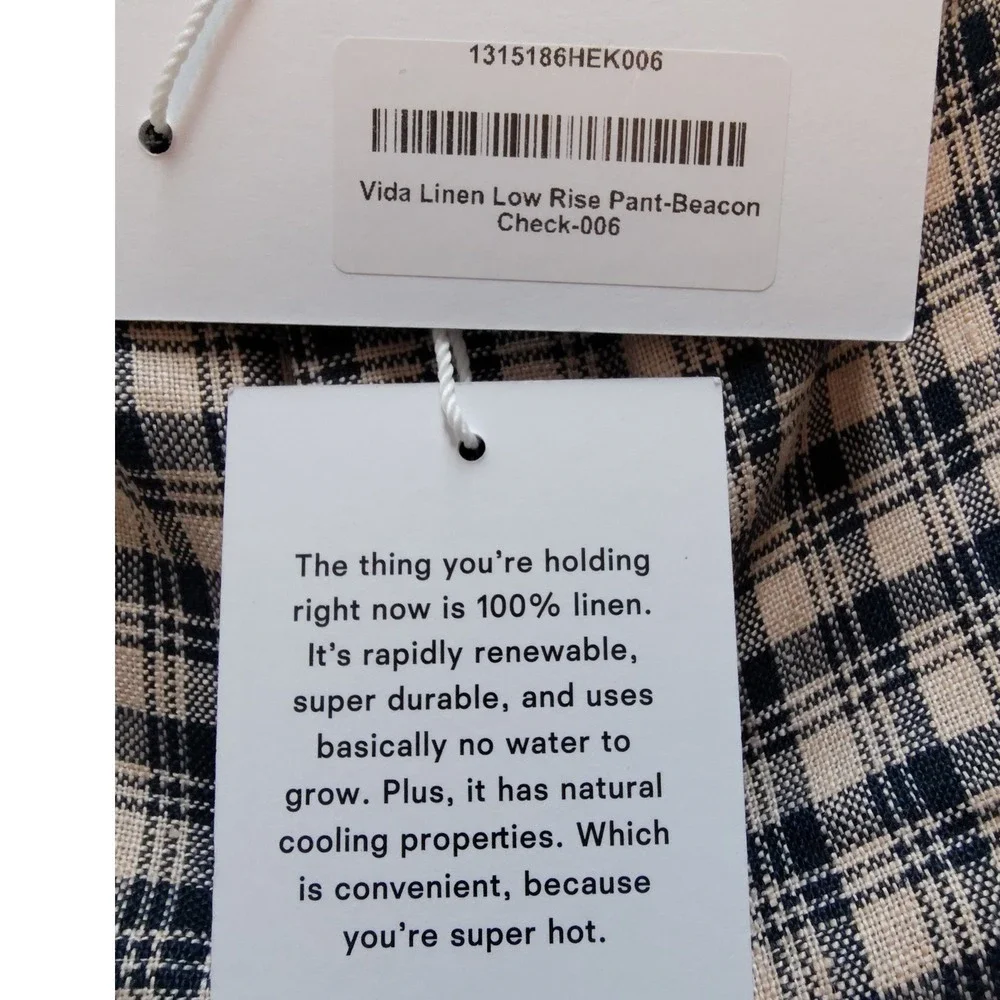 Reformation Vida Linen Low Rise Pant Beacon Check Plaid Navy Cream 6 NEW